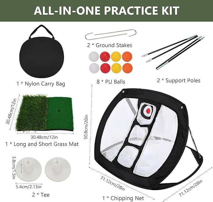 Pop-Up Golf Chipping Net Set with Mat & 8 Practice Balls- Professional Golf Chipping Practice Ideal for Indoor and Outdoor Training- - Gifts for Men, Golfers, Teenage Boys and Beginners