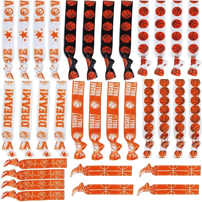 YKW 32 Pack Basketball Headbands Hair Ties No Crease Elastic Sports Hair Accessories for Women Girls Players - Team Gifts Basketball Party Favors Orange White Sports Ribbon Ponytail Holders
