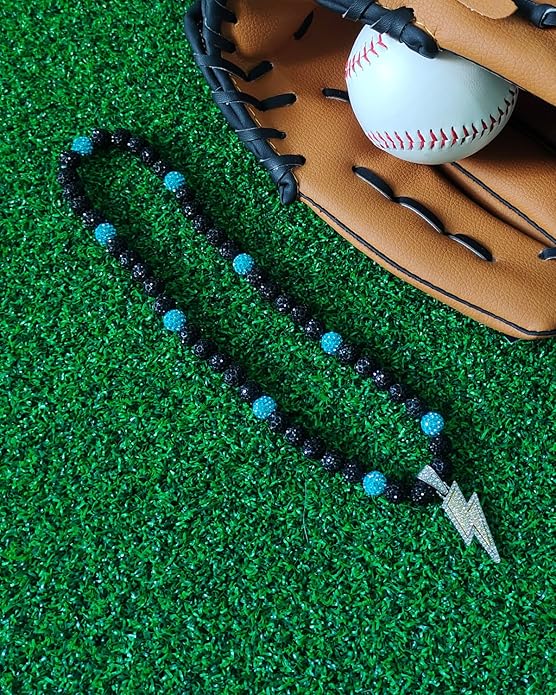 Baseball Necklace for Men 16/18/20 Inch Bling Ice Collection Lightning Bolt Pendant Necklace for Women Rhinestone Clay Beaded Discoball Accessories Gifts for Baseball Team Players Lovers