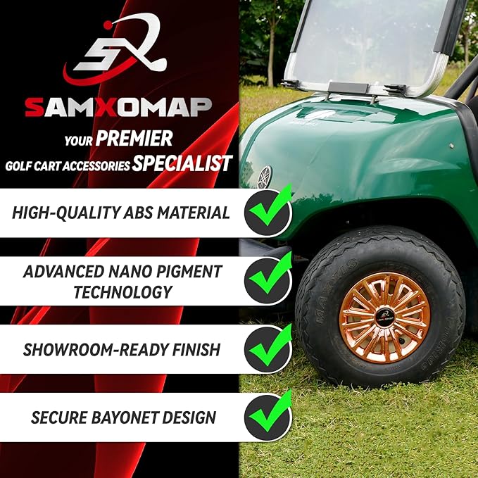 Golf Cart Hub Caps 8 Inch for EZGO/Club Car/Yamaha (Excludes EZGO RXV) Golf Cart Wheels and Tires, Snap-On Installation Wheel Covers Accessories, Premium ABS Plastic, Set of 4, Copper