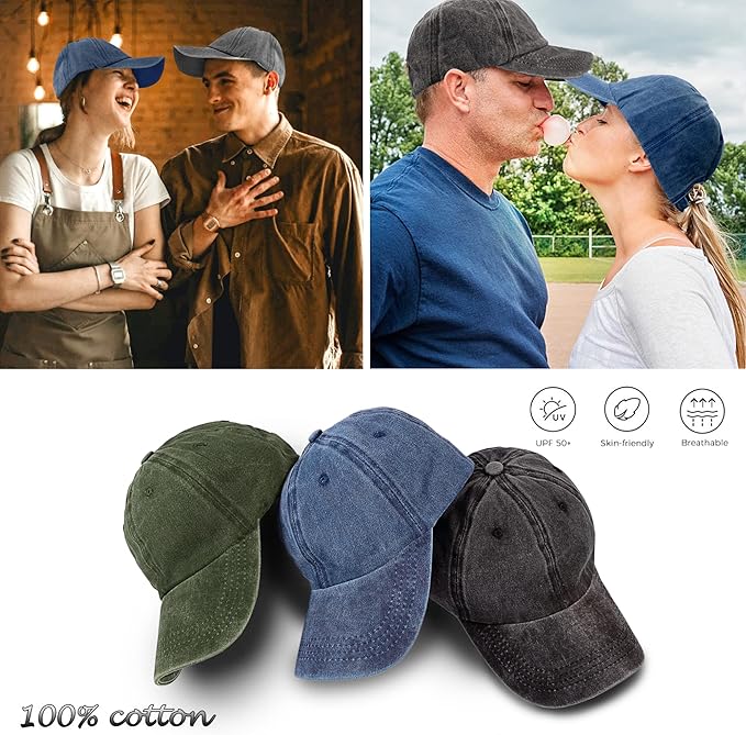 3 Pack Washed Plain Vintage Baseball Cap Cotton Adjustable Twill Bulk Low Profile Classic Dad Hat for Men/Women