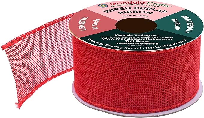 Mandala Crafts Red Burlap Wired Ribbon 2 Inches Wide Jute Ribbons - Image 2