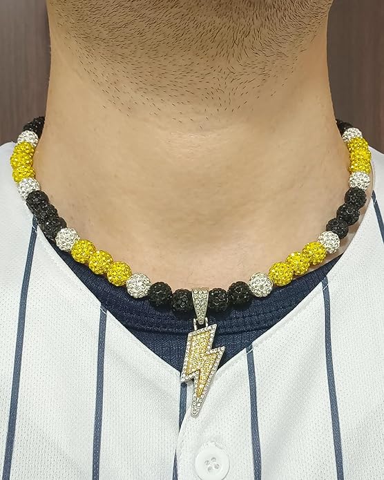 Baseball Necklace for Men 16/18/20 Inch Bling Ice Collection Lightning Bolt Pendant Necklace for Women Rhinestone Clay Beaded Discoball Accessories Gifts for Baseball Team Players Lovers