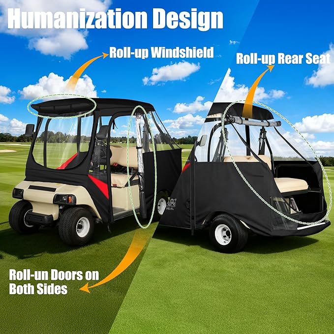 10L0L Golf Cart Driving Enclosure for Club Car DS 2+2 Passenger Short Roof Waterproof Windproof Heavy Duty 600D Rain Cover with 4-Sided Clear Windows & Durable Door Zipper, All-Weather Protection Red