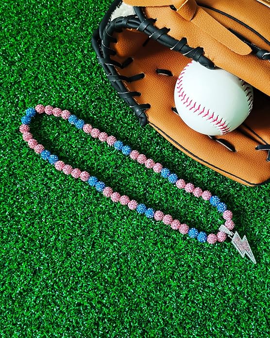 Baseball Necklace for Men 16/18/20 Inch Bling Ice Collection Lightning Bolt Pendant Necklace for Women Rhinestone Clay Beaded Discoball Accessories Gifts for Baseball Team Players Lovers