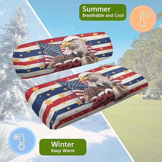 Bulopur 250 Years American Golf Cart Towel Seat Cover Non-Slip Breathable Golf Cart Cushion Cover and Backrest Cover 2 Pack Golfcart Accessory for Golfer Gifts