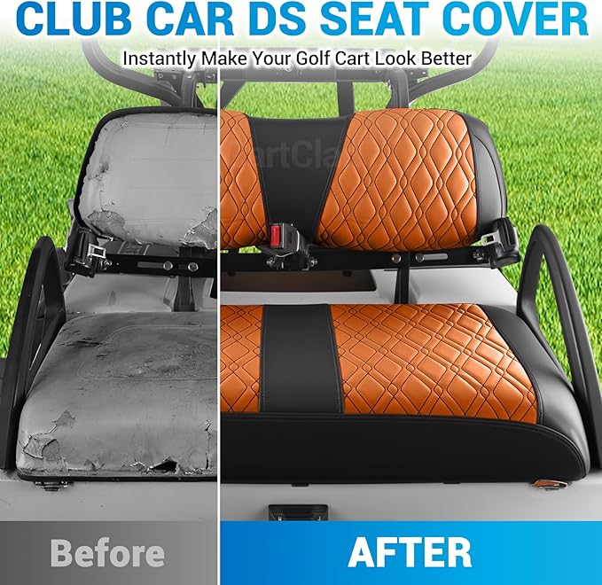 Golf Cart Seat Covers Suitable for 2000.5-UP Club Car DS Standard Front Seat Cushion, Golf Cart Front Seat Covers Kit No Drilling & Waterproof (Brown PVC Leather & Black Stitching)