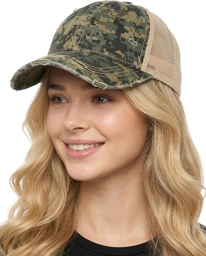 Funky Junque Trucker Hat for Women – Distressed Low Profile Western Camo Baseball Cap with Mesh, Trendy and Adjustable Fit