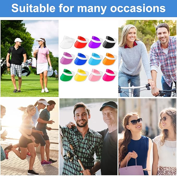 JenPen 12 Pack Unisex Plastic Sun Visors Hats Clear UV Protection Poker Cap for Men Women Sports Outdoor Golf Activities