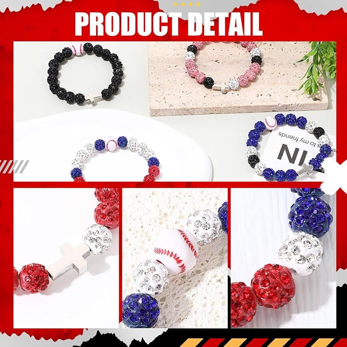 Landical 12 Pcs Baseball Ice Bracelet Beaded Charm Bracelets Cross Accessory Gifts for Baseball Team Party Favors