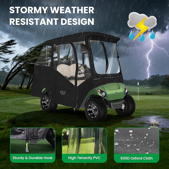 10L0L 2/4 Passenger Golf Cart Enclosure for Yamaha G14 G16 G22 G29 Drive 2,Waterproof 600D Rain Cover,with Side Mirror Opening,Transparent Tail Light Panel,Foldable Door,4-Sided Clear Windows