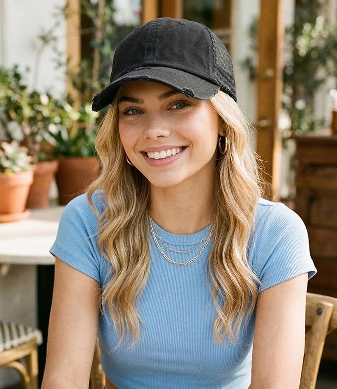Funky Junque Trucker Hat for Women – Distressed Low Profile Western Camo Baseball Cap with Mesh, Trendy and Adjustable Fit