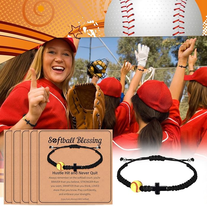 Tondiamo 12 Set Christian Cross Balls Bracelets Gifts Adjustable Baseball Volleyball Softball Woven Jewelry Charm Bracelets with Inspirational Cards for Team Gifts Sports Lover