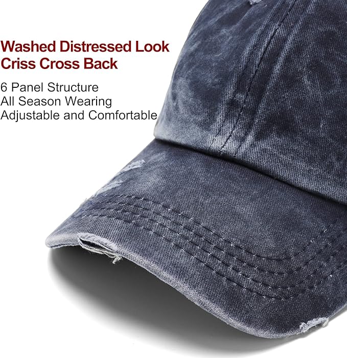 Criss Cross Hat Washed Distressed Baseball Cap Ponytail Hat High Messy Bun Ponycap for Women