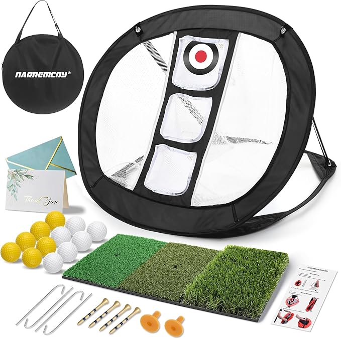 Golf Chipping Net with Tri-Turf Hitting Mat Set - Foldable Practice Target, 12 Foam Balls & 6 Tees in Carry Bag - Indoor Outdoor Backyard Golf Precision Training Gift & Aid for Beginners