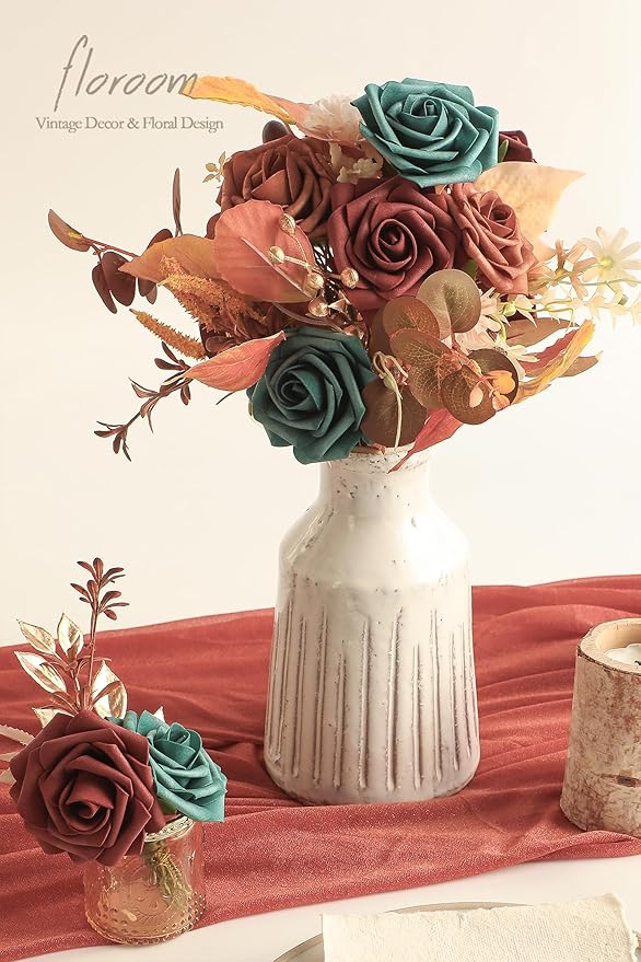 Floroom Artificial Flowers 25pcs Real Looking Teal Green Terracotta Ombre - Image 3