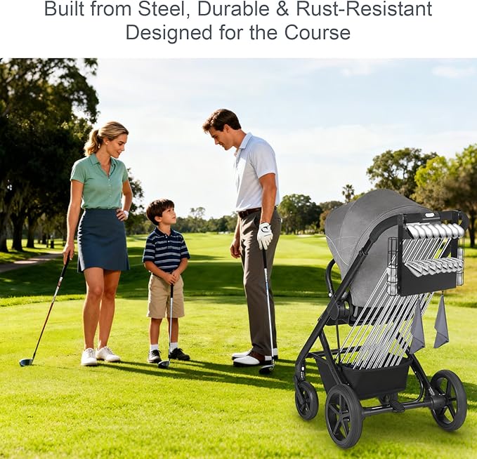 Golf Stroller Attachment - Universal Steel Golf Club Holder for Strollers,16-Club & 12-Ball Capacity with Adjustable Straps,Fits Single & Double Strollers,Ideal Golf Gift for Parents