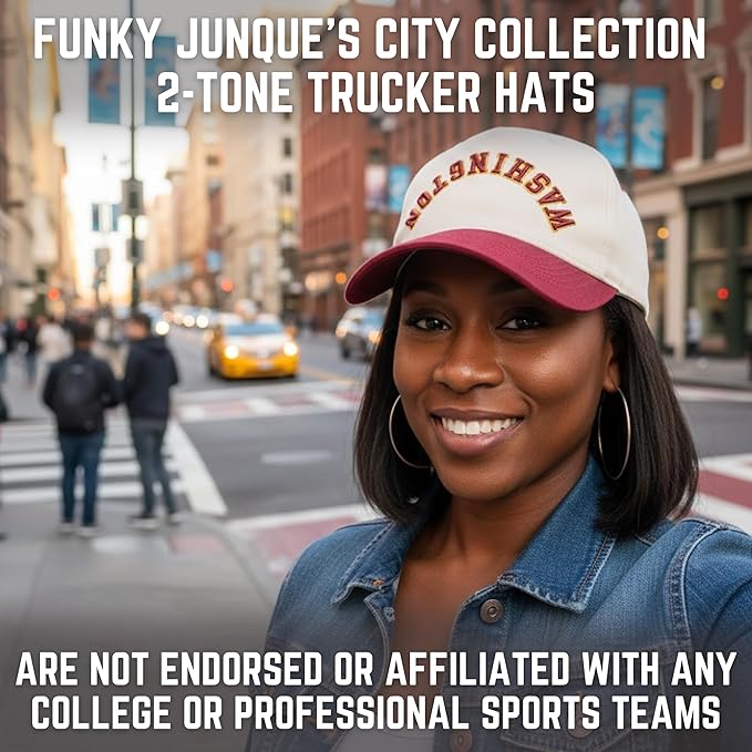 Funky Junque Upside Down City Trucker Hat for Men and Women – Unisex 3D Embroidered Gameday Baseball Cap, Retro Snapback Hats