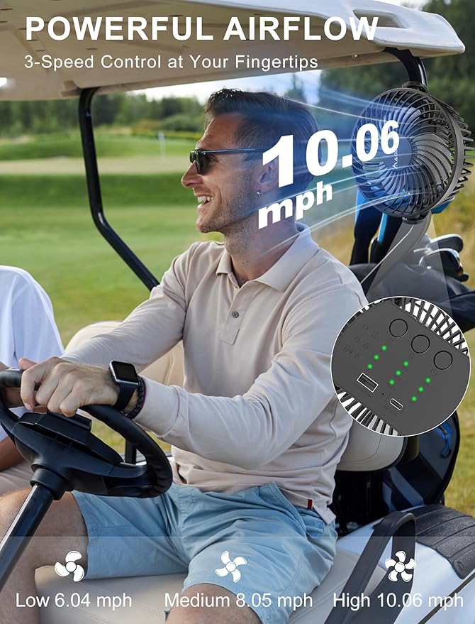 [Upgraded 2X Magnet] 1-Pack Magnetic Golf Cart Fan Rechargeable, 12000mAh Battery Operated Portable Fan with Light, Magnetic Base, Suitable for EZGO Club Car Yamaha, Golf Cart Accessories 2026