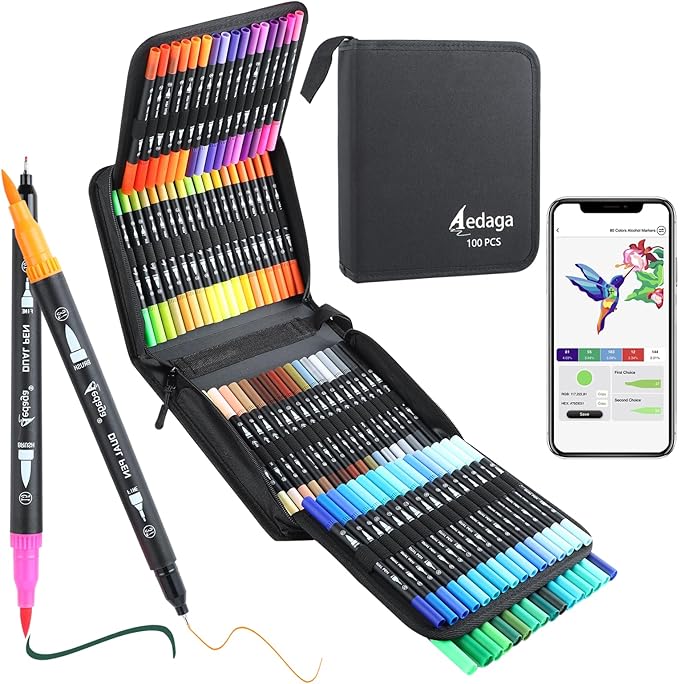 100 Colors Numbered Dual Tip Brush Pens by AEDAGA