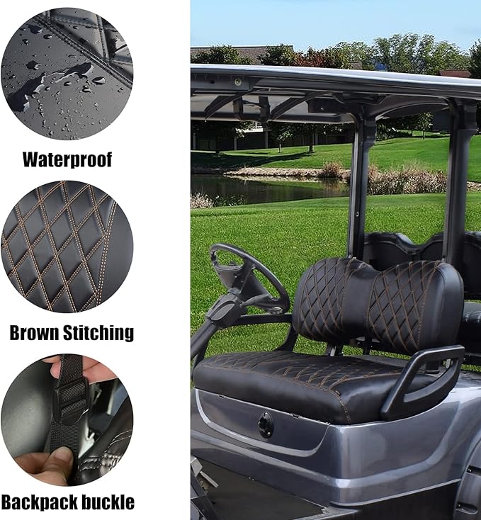 NOKINS Golf Cart Diamond Seat Covers Kit, Fit for Yamaha Drive/Drive 2 OEM Standard Front Seat Cushion, Golf Cart Vinyl Seat Cover, No Nails Required (Black and Brown Stitching)