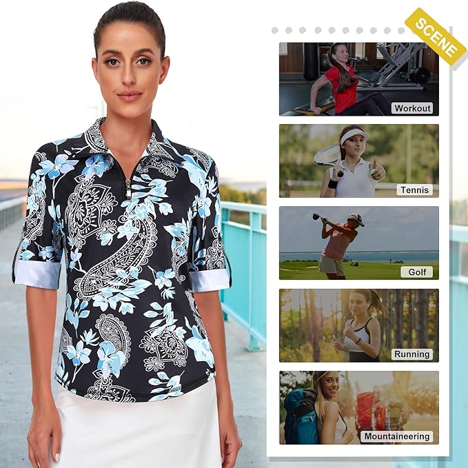 Koscacy Women's 3/4 Roll Sleeve Golf Tennis Polo Shirts UPF50+ Half Zip Dry Fit Workout Tops Athletic Shirt