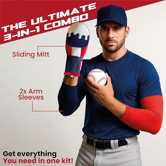 Baseball Sliding Mitt Guard Kit for Youth and Adult - Padded Protective Softball Sliding Glove Arm Sleeve Set – Includes Red + Blue Arm Guards – Hand Protection, Compression Sleeves, Accessories