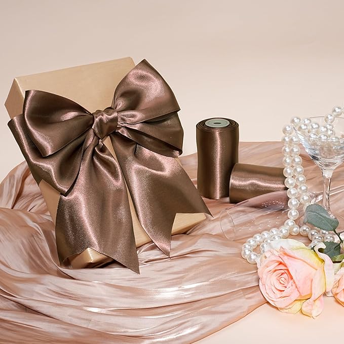 LaRibbons Brown Satin Ribbon 4 Inch 10 Yards Double Faced Luxury Mocha Silk - Image 3