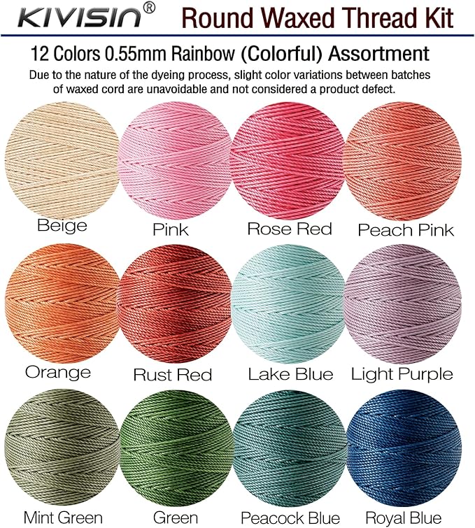 0.55mm Bonded Round Waxed Polyester Thread 76 Yards Each, 12 Rainbow Color Wax - Image 2