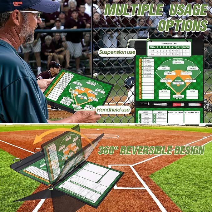 Magnetic Baseball Lineup Board, Collapsible Professional Softball & Baseball Lineup Board for Dugout, Baseball Clipboard for Coaches with 40 Magnetic Lineup Cards and High-End Markers (Leather Cover)