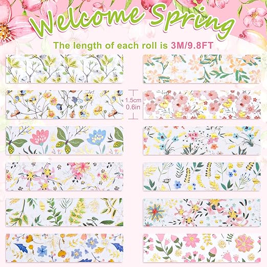 Whaline 12 Rolls Spring Floral Washi Tape Foil Gold Colorful Flowers Masking - Image 2