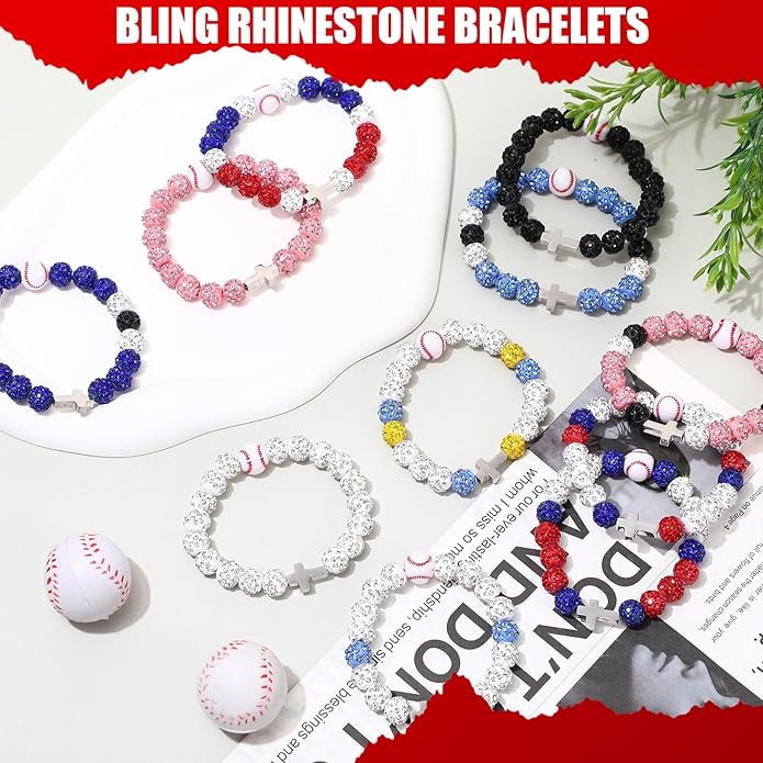 Landical 12 Pcs Baseball Ice Bracelet Beaded Charm Bracelets Cross Accessory Gifts for Baseball Team Party Favors