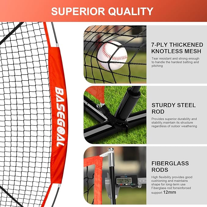 BaseGoal 6'×6' Baseball Softball Practice Net,Baseball Backstop,with Batting Tee,Ball Caddy,for Hitting Pitching Batting Catching with Bow Frame,Bonus Strike Zone,Target,Portable and Foldable
