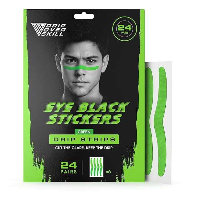 DRIP Strips Pro-Grade Eye Black Stickers, 24 Pack, Natural Flex & Stretch Eye Black Face Strips, Breathable, Sweat-Proof, Eye Black Football, Baseball, Softball, Lacrosse, Green Flash Grit Strip