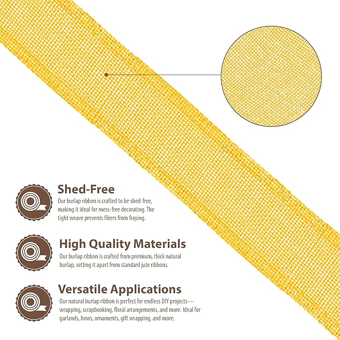 Mandala Crafts Yellow Burlap Wired Ribbon 2 Inches Wide Jute Ribbons - Image 3