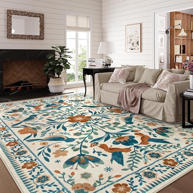 Morebes Floral 9x12 Area Rug for Living Room, Washable Large Rug for Bedroom by Morebes