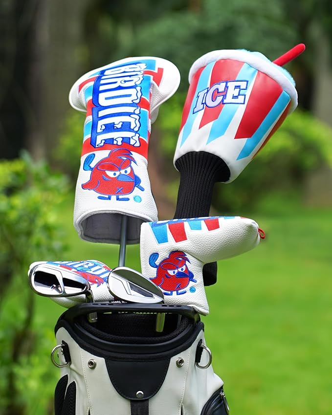 Big Teeth Funny Driver Headcover Ice & Birdiee, Driver Covers for Golf Clubs, Funny Birdie Putter Cover,Milk Shake Ice Cream Mallet Putter Cover,Blue and Red Color Golf Club Protector