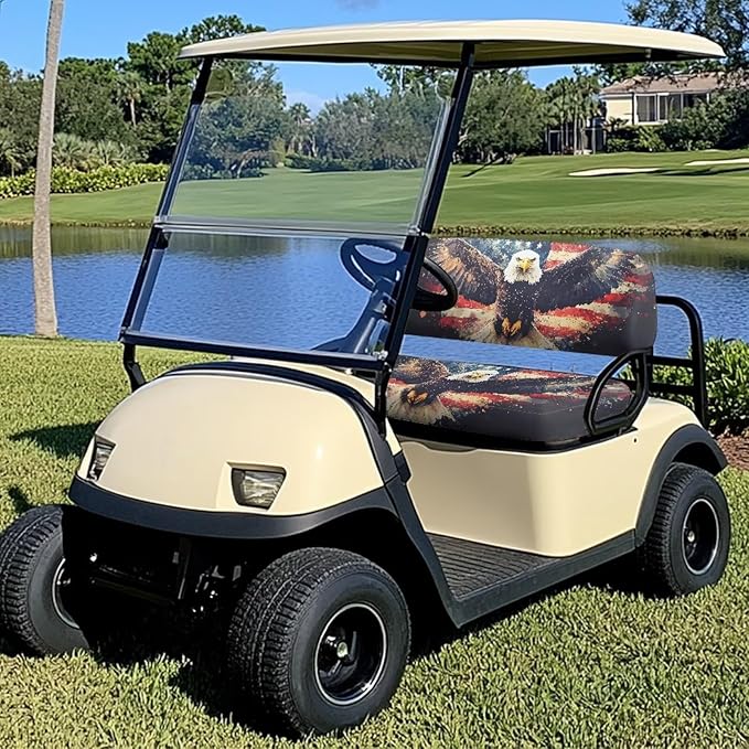 Bulopur 2 Piece Golf Cart Towel Seat Covers American Flag Bald Eagle Ezgo Club Car Seat Cover for 2 Passenger Carts Soft Breathable Golfcart Seats Blanket Washable