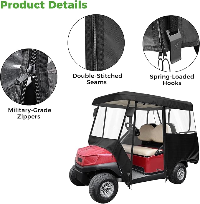 10L0L 2/4/8 Passenger Golf Cart Enclosure for Club Car Precedent/Tempo/Onward, 600D Waterproof Golf Cart Rain Cover, Driving Enclosure with 4-Sided Clear Windows Roll-up Door Black -Roof 58"-141"