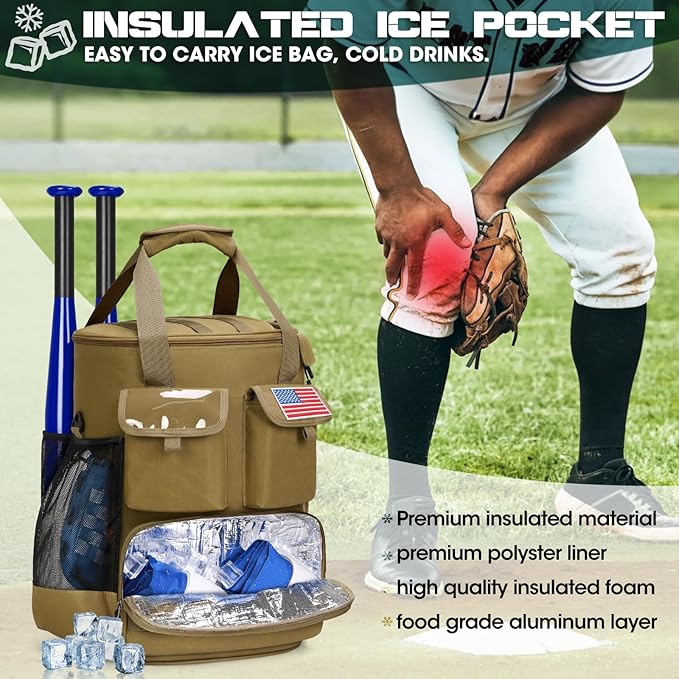 RAINSMORE Baseball Bucket Bag Baseball Coaches Accessories Organizer with Insulation Pocket Tactical Softball Bag with Anti-Slip Bottom, Multiple Pockets for Bat, Gloves, Scoreboards