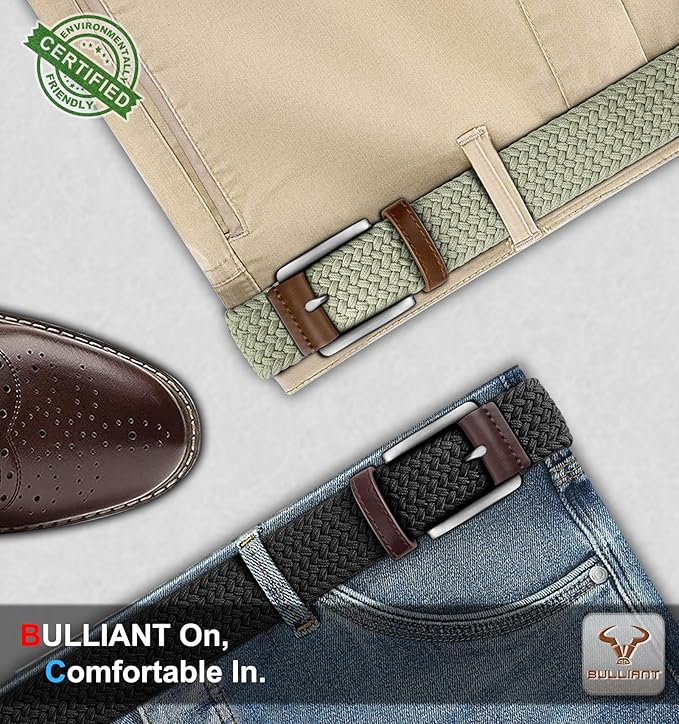 BULLIANT Belt for Men 2Pack,Mens Gift Stretch Braided Web Belt Elastic for Casual Golf Jeans,1 3/8"