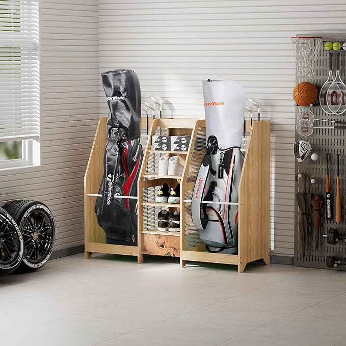 Golf Bag Storage Organizer for Garage, Premium Wooden 2 Golf Bags Rack with Drawer, Easy Assemble Golf Club Stand/Holder Suitable for Garage Home Simulator and Office