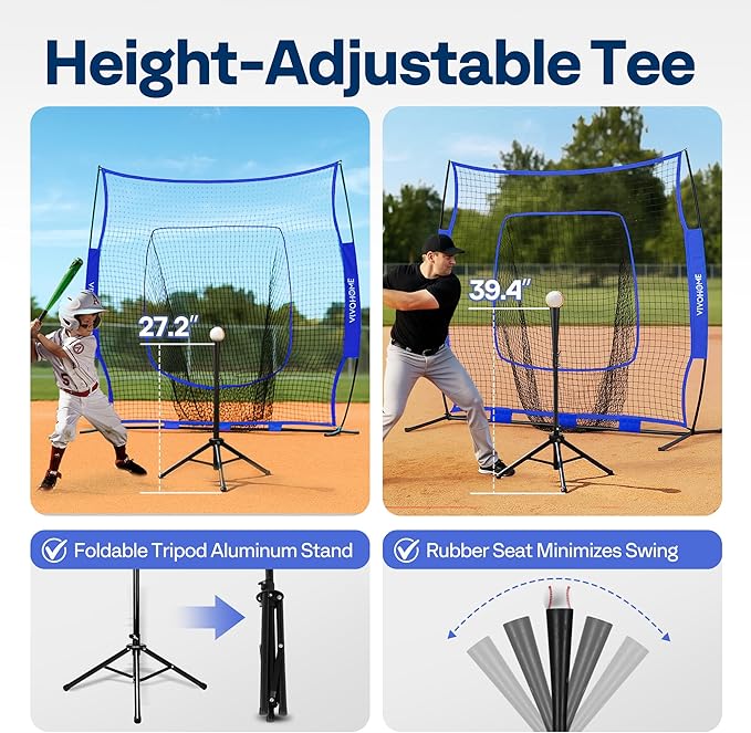 VIVOHOME Baseball Softball Batting Net - 7x7 Ft Baseball Backstop, Softball Practice Net for Hitting, Pitching, Throwing with Batting Tee and Carry Bag