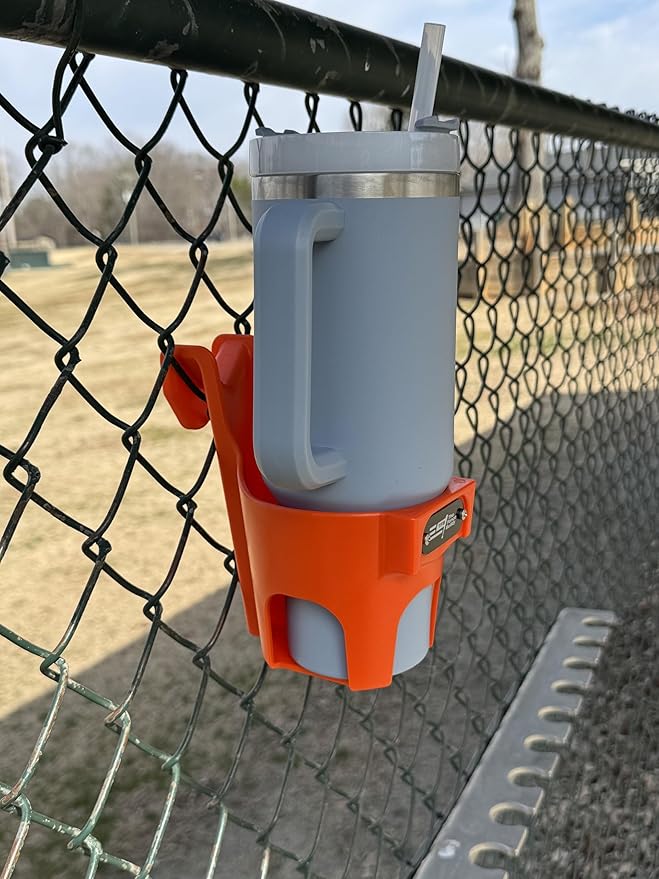 Fence Cup Holder | Drink Holder for Chain Link Fence | Fits Stanley, Yeti & Gatorade | Baseball Dugout, Softball, Pickleball & Tennis | Made in USA | The Fence Buddy (Orange)