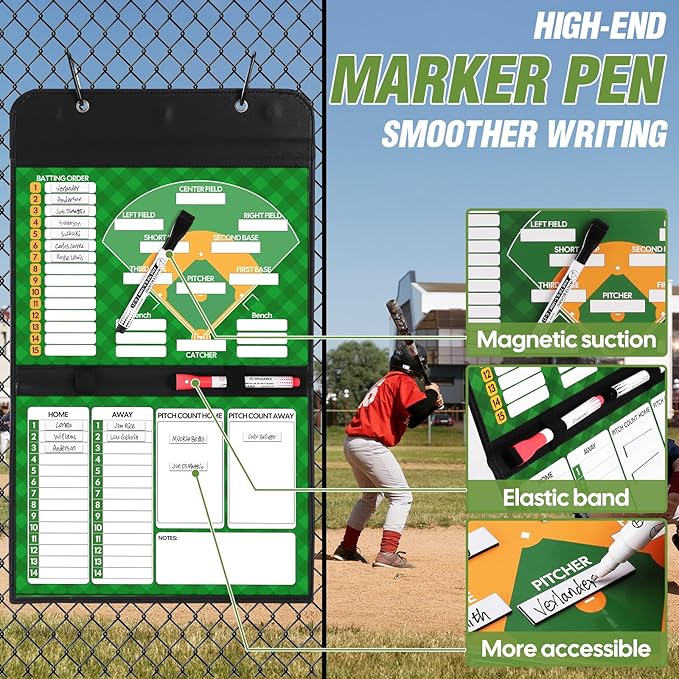 Magnetic Baseball Lineup Board, Collapsible Professional Softball & Baseball Lineup Board for Dugout, Baseball Clipboard for Coaches with 40 Magnetic Lineup Cards and High-End Markers (Leather Cover)