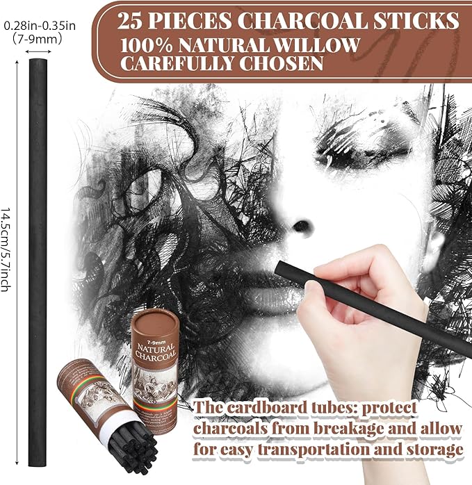 Gueevin 25 Pcs Willow Charcoal Sticks, Willow Charcoal, and Fine Art Christmas - Image 2