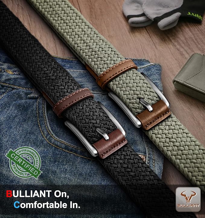 BULLIANT Belt for Men 2Pack,Mens Gift Stretch Braided Web Belt Elastic for Casual Golf Jeans,1 3/8"