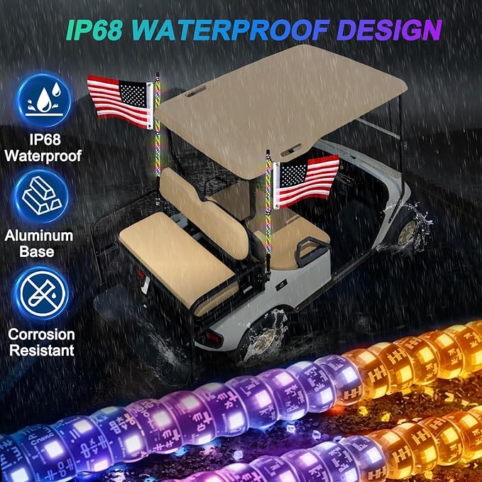 iLSKW 2-Pack 3FT Golf Cart LED Whip Lights Holder, for 1" Square Rails, APP&Remote Control RGB Whips, with Brake Turn Reverse Signal Function, for 36V 48V 72V Golf Carts (Included DC Converter)