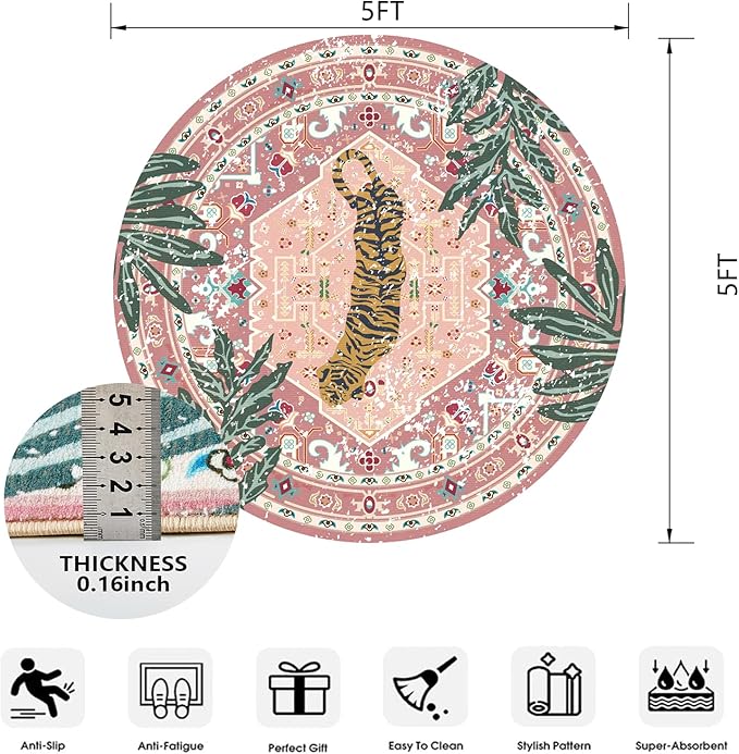 Washable Pink Rugs Thin Oriental Boho Vintage Cute Tropical Leopard 5ft Round - Image 2