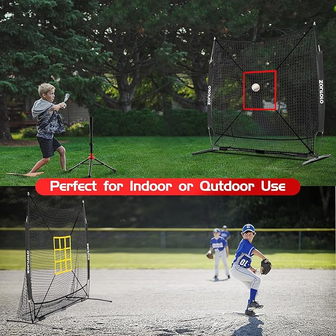 ZONLOLO 6x6ft Baseball & Softball Net for Hitting,Pitching and Batting, Throwing,Baseball net with Sturdy Bow Frame,Battting Tee,Strike Zone, Middle Size,Suitable for Kids!